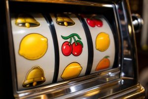 Nahaufnahme klassischer Spielautomaten-Walzen mit Fruchtsymbolen